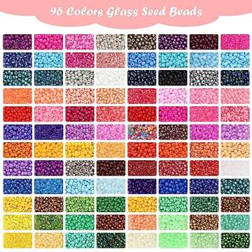 QUEFE 24000pcs 3mm Glass Beads for Jewelry Making Kit, 96 Colors Glass Seed Beads with Pendant Charms and Letter Beads for Friendship Bracelets Necklace Earring Ring Making
