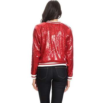 Anna-Kaci Womens Long Sleeve Front Zip Track Stripe Sequin Bomber Jacket, Red, Medium