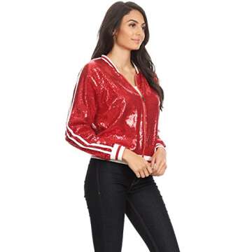 Anna-Kaci Womens Long Sleeve Front Zip Track Stripe Sequin Bomber Jacket, Red, Medium