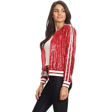 Anna-Kaci Womens Long Sleeve Front Zip Track Stripe Sequin Bomber Jacket, Red, Medium
