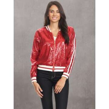 Anna-Kaci Womens Long Sleeve Front Zip Track Stripe Sequin Bomber Jacket, Red, Medium