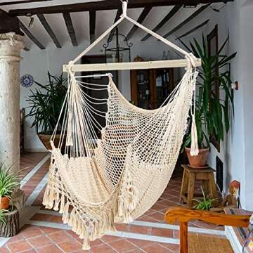 Hammock Chair，Max 330lbs, Large Hanging Chair, Soft Cotton Rope Swing Chair with High Load-Bearing Metal Rod,Indoor Outdoor Garden Yard Living Room Use Beige