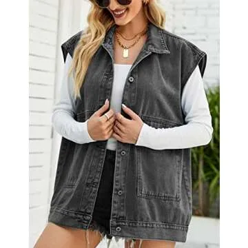 Zontroldy Denim Jean Vest for Women Oversized Sleeveless Button Down Denim Jean Vest Waistcoat Shacket Jacket (0170-BlackGray-XL)