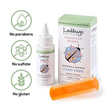 Ladibugs Cradle Cap Remedy Kit, 3oz | Includes Cradle Cap Serum & Fine-Toothed Comb | Effectively Removes Scales & Flakes | Soothes & Softens Scalp