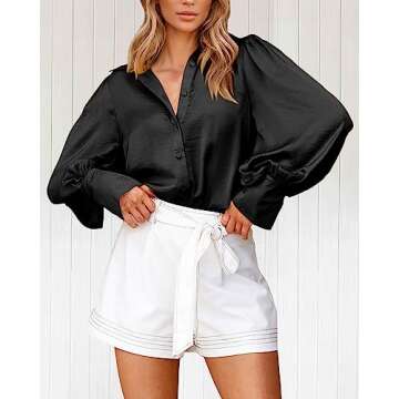 BTFBM Women Satin Button Down Shirts Summer Fall Lantern Long Sleeve Lapel V Neck Blouse Loose Casua...