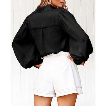 BTFBM Women Satin Button Down Shirts Summer Fall Lantern Long Sleeve Lapel V Neck Blouse Loose Casual Office Work Tops(Solid Black, Small)