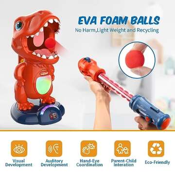 Movable Dinosaur Shooting Toys for Kids Games with 2 Air Pump Gun, Party Toys with Score Record, LED & Sound, 48 Foam Balls Electronic Target Practice Gift for Boys and Girls