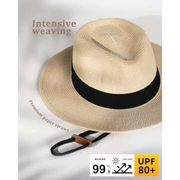 FURTALK Panama Hat Sun Hats for Women Men Wide Brim Fedora Straw Beach Hat UV UPF 80+ Black-Beige