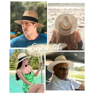 FURTALK Panama Hat Sun Hats for Women Men Wide Brim Fedora Straw Beach Hat UV UPF 80+ Black-Beige