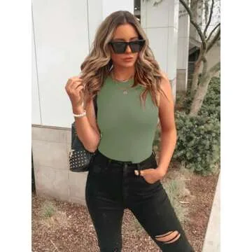 REORIA Womens Sexy Sleeveless Halter Neck Racer Back Leotard High Waist Thong Bodysuits Tank Tops Dark Green Large