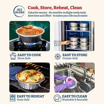 5-Pack Sturdy 3X Thick Reusable 8" Foil Pans with Snap-On Lids - Microwavable, Multi-Use for Baking and Cooking