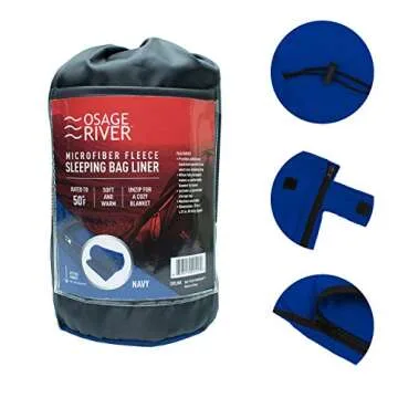 OSAGE RIVER Sleeping Bag Liner, Microfiber Fleece Travel Sheet Sleep Sack for Camping Travel Backpacking, Lightweight Zippered Sleeping Bag Inner Liner, Adults & Kids, Navy Blue