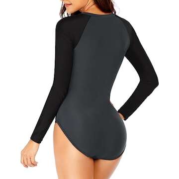 Daci Women Grey Black Rash Guard Long Sleeve One Piece Swimsuit Zipper Surfing Bathing Suit UPF 50 M