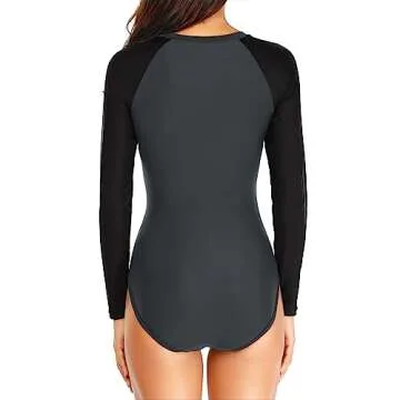 Daci Women Grey Black Rash Guard Long Sleeve One Piece Swimsuit Zipper Surfing Bathing Suit UPF 50 M