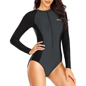 Daci Women Grey Black Rash Guard Long Sleeve One Piece Swimsuit Zipper Surfing Bathing Suit UPF 50 M
