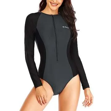 Daci Women Grey Black Rash Guard Long Sleeve One Piece Swimsuit Zipper Surfing Bathing Suit UPF 50 M