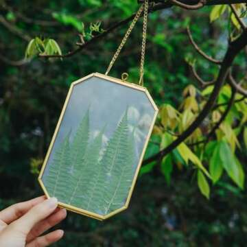 NCYP 4" x 6" Small Glass Floating Frame with Chain for Artwork Photo, Picture, Pressed Dried Flowers, Plant Specimen - Home Wall Hanging Decor, Octagon, Gold, Handmade (Glass Frame Only)