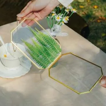 NCYP 4" x 6" Small Glass Floating Frame with Chain for Artwork Photo, Picture, Pressed Dried Flowers, Plant Specimen - Home Wall Hanging Decor, Octagon, Gold, Handmade (Glass Frame Only)