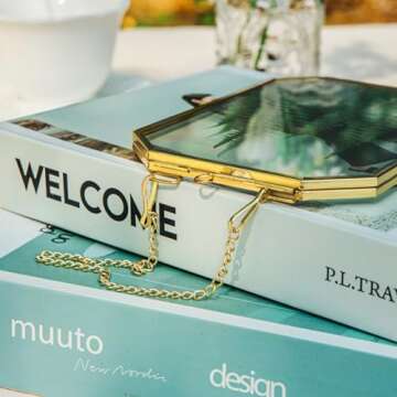 NCYP 4" x 6" Small Glass Floating Frame with Chain for Artwork Photo, Picture, Pressed Dried Flowers, Plant Specimen - Home Wall Hanging Decor, Octagon, Gold, Handmade (Glass Frame Only)