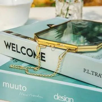 NCYP 4" x 6" Small Glass Floating Frame with Chain for Artwork Photo, Picture, Pressed Dried Flowers, Plant Specimen - Home Wall Hanging Decor, Octagon, Gold, Handmade (Glass Frame Only)