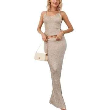 Naileksi Women Sexy Glitter Knit 2 Piece Outfits Sequin Slim Fit Crop Cami Top Sparkle Maxi Bodycon ...