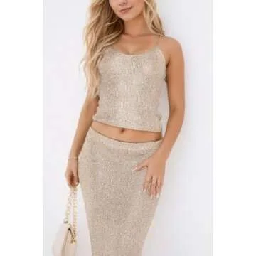 Naileksi Women Sexy Glitter Knit 2 Piece Outfits Sequin Slim Fit Crop Cami Top Sparkle Maxi Bodycon Skirt Set Clubwear