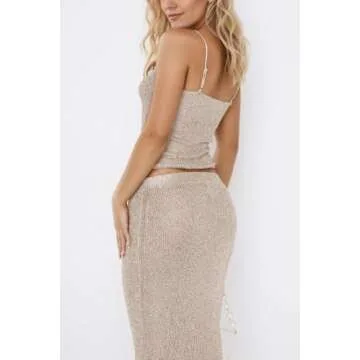 Naileksi Women Sexy Glitter Knit 2 Piece Outfits Sequin Slim Fit Crop Cami Top Sparkle Maxi Bodycon Skirt Set Clubwear