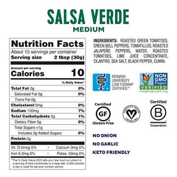 Fody Foods Keto-Friendly Salsa Verde, Fire Roasted, Low Fodmap Certified, Sensitive Recipe, Gut & IBS Friendly, 16 Ounce, Packaging May Vary