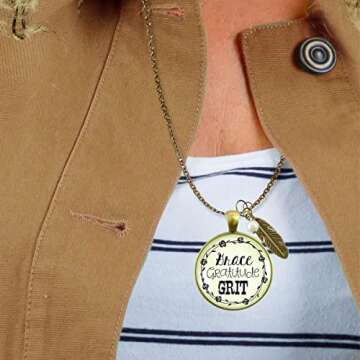 Grace Gratitude Grit Necklace Southern Country Inspired Fashion Jewelry For Women 36" Chain - Handmade Bronze Western Chic Quote Pendant, Bohemian Feather Charm, Gift Package Theme Message Card & Box