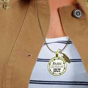 Grace Gratitude Grit Necklace Southern Country Inspired Fashion Jewelry For Women 36" Chain - Handmade Bronze Western Chic Quote Pendant, Bohemian Feather Charm, Gift Package Theme Message Card & Box