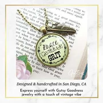 Grace Gratitude Grit Necklace Southern Country Inspired Fashion Jewelry For Women 36" Chain - Handmade Bronze Western Chic Quote Pendant, Bohemian Feather Charm, Gift Package Theme Message Card & Box