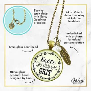 Grace Gratitude Grit Necklace Southern Country Inspired Fashion Jewelry For Women 36" Chain - Handmade Bronze Western Chic Quote Pendant, Bohemian Feather Charm, Gift Package Theme Message Card & Box