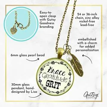 Grace Gratitude Grit Necklace Southern Country Inspired Fashion Jewelry For Women 36" Chain - Handmade Bronze Western Chic Quote Pendant, Bohemian Feather Charm, Gift Package Theme Message Card & Box