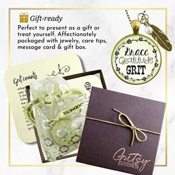 Grace Gratitude Grit Necklace Southern Country Inspired Fashion Jewelry For Women 36" Chain - Handmade Bronze Western Chic Quote Pendant, Bohemian Feather Charm, Gift Package Theme Message Card & Box