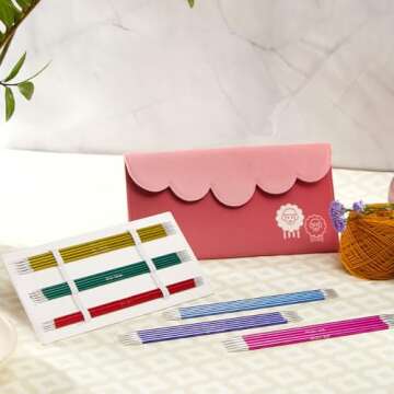 Lotus Yarns KP Zing 15cm(6") Double Pointed Aluminum Knitting Needle Set, Deluxe&Smooth Weaving Tools, Ideal for Socks Small Project 47421, 5 Sizes Straight Needles for Knitting Small Projects