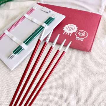 Lotus Yarns KP Zing 15cm(6") Double Pointed Aluminum Knitting Needle Set, Deluxe&Smooth Weaving Tools, Ideal for Socks Small Project 47421, 5 Sizes Straight Needles for Knitting Small Projects