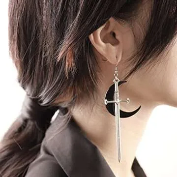 Sacina Gothic Crescent Moon Sword Earrings with Dangle Design