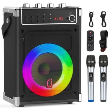 JYX Karaoke Machine with 2 Wireless Microphones, Portable Bass/Treble Bluetooth Speaker with LED Lig...