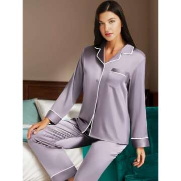 Lonxu Womens Silk Satin Pajamas Set Gray M