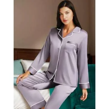 Lonxu Womens Silk Satin Pajamas Set Gray M