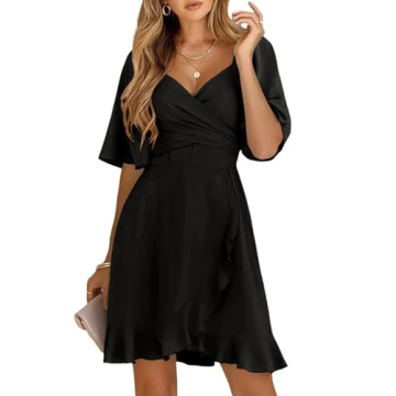 Dokotoo Women's 2025 Casual Wrap V Neck Short Sleeve Smocked Elastic Waist Tiered Belted Ruffle Hem ...