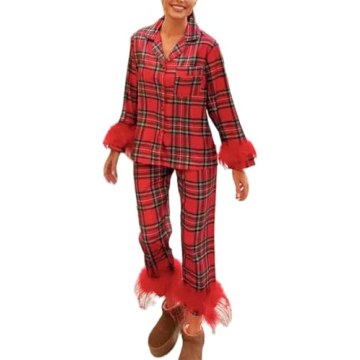 Yiulangde Christmas Silk Pajamas for Women Set Cute Checkered Gingham Satin Pjs Shirt Feather Trim L...