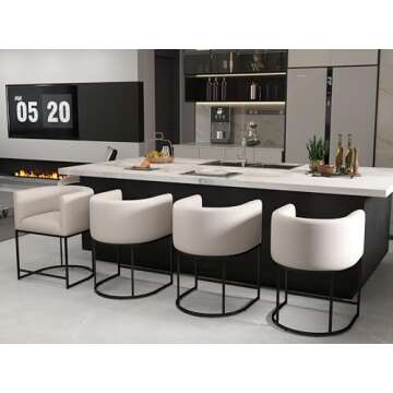 BESTANO Modern Counter Height Linen Upholstered Bar Stools Set of 4, 24" Kitchen Counter Island Stools Bar Chairs with Black Metal Frame for Kitchen Island, Cream