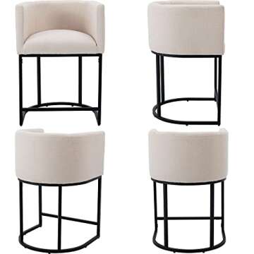 BESTANO Modern Counter Height Linen Upholstered Bar Stools Set of 4, 24" Kitchen Counter Island Stools Bar Chairs with Black Metal Frame for Kitchen Island, Cream