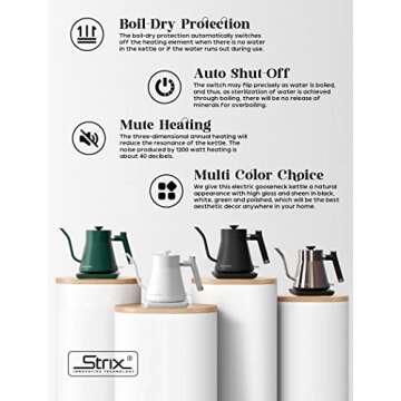 ECORELAX Gooseneck Electric Kettle, Pour Over Coffee and Tea Kettle, 100% Stainless Steel Inner with Leak Proof Design, 1200W Rapid Heating, Strix Boil-Dry Protection, 0.8L, Matte Black