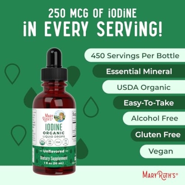 Organic Iodine Liquid Drops by MaryRuth's | Potassium Iodide | 1 Year Supply | 450 Servings | Thyroid Health | USDA Organic| Vegan | Non-GMO | Gluten Free | 1 Fl Oz