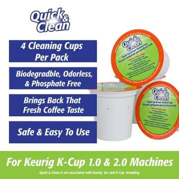 Quick & Clean 4-Pack of Cleaning Cups with Descaler Bundle (2 Total Uses) - 2.0 Compatible, Descaling Solution for Keurig, Nespresso, Ninja, Delonghi, All Coffee and Espresso Machines