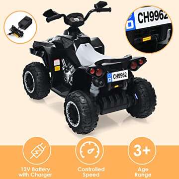 OLAKIDS Ride On ATV, 12V Kids 4 Wheeler Battery Powered Toy Car for Toddlers, Electric Rear Motorized Quad Vehicle for Boys Girls with LED Lights, Music, Horn, High Low Speed, Soft Start (Black)
