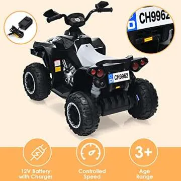 OLAKIDS Ride On ATV, 12V Kids 4 Wheeler Battery Powered Toy Car for Toddlers, Electric Rear Motorized Quad Vehicle for Boys Girls with LED Lights, Music, Horn, High Low Speed, Soft Start (Black)