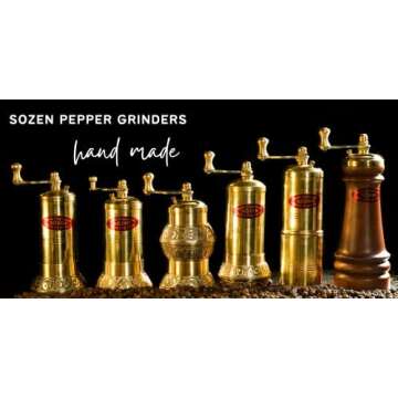Handmade Sozen Pepper Grinder Manual Brass Mill Istanbul Crafted 4.7", Portable Stainless Steel Conical Burr Pepper Mill, Portable Hand Crank Turkish Pepper Grinder, Sozen Pepper Grinder